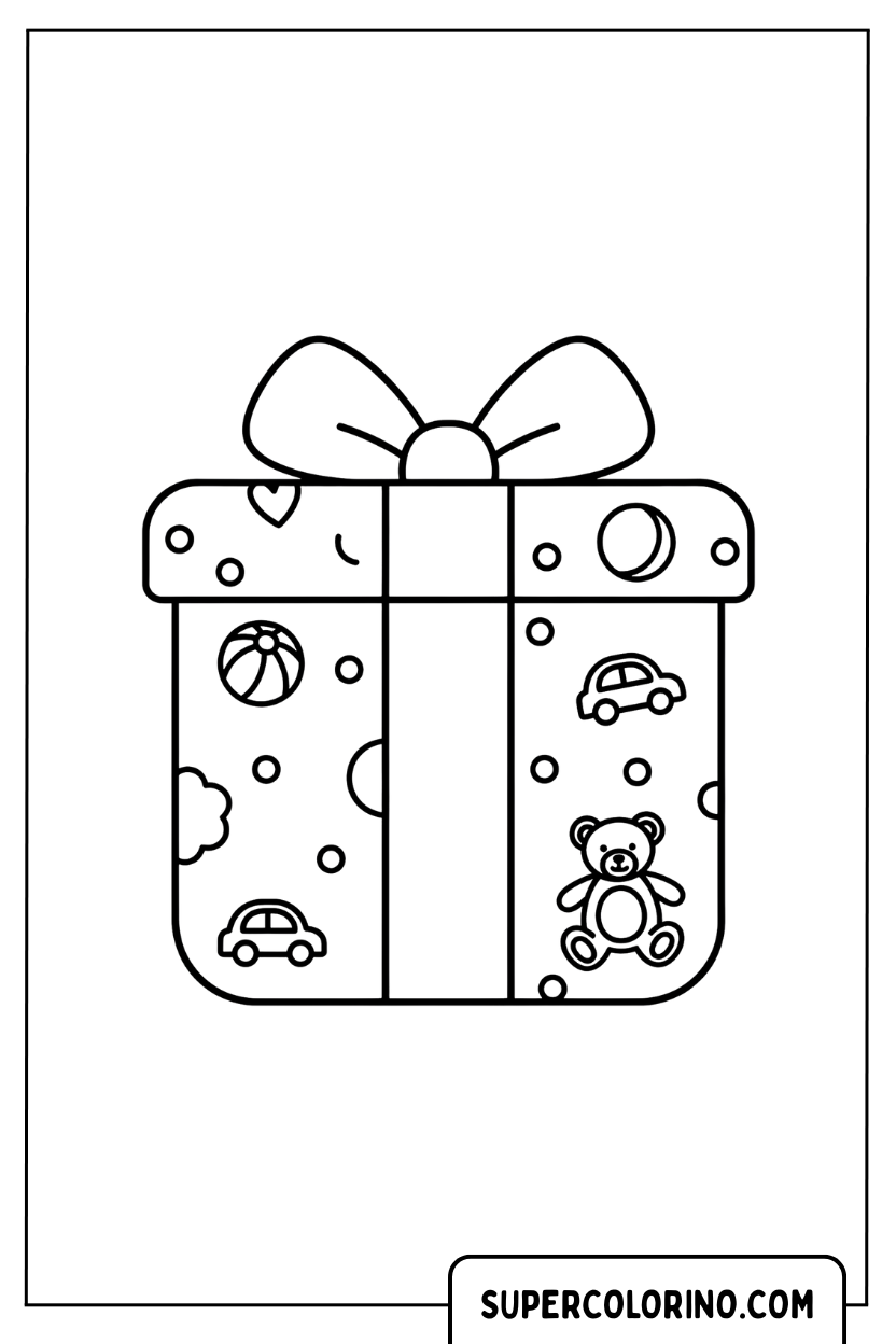 Zeichnung einer Geschenkverpackung mit kindlichen Zeichnungen zum Ausmalen