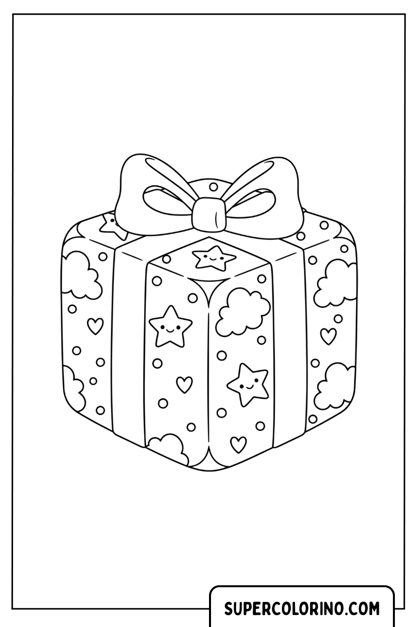 Malvorlage einer Geschenkverpackung mit Wolken- und Sternenmotiven