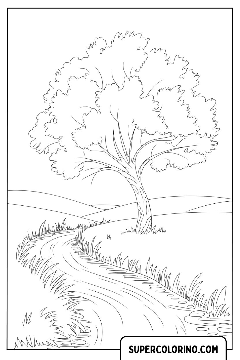 Malvorlage einer hügeligen Landschaft mit Baum