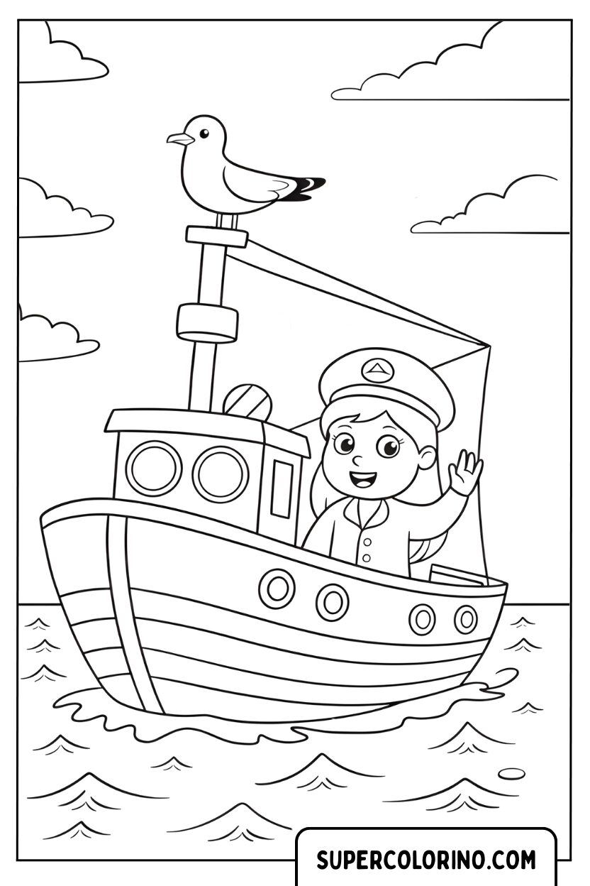 Disegno di un peschereccio con capitano e gabbiano da colorare