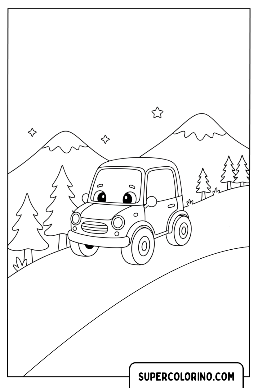 Disegno di un piccolo camion in montagna da colorare