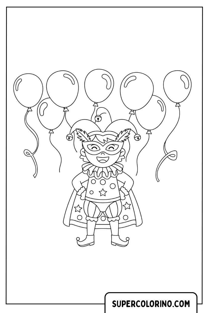 Malvorlage eines kleinen Narren mit Luftballons