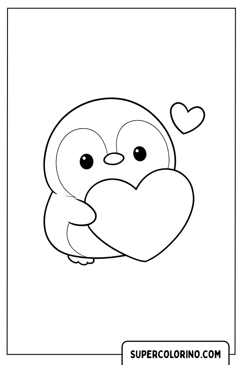 Disegno di un pinguino che abbraccia un cuore da colorare