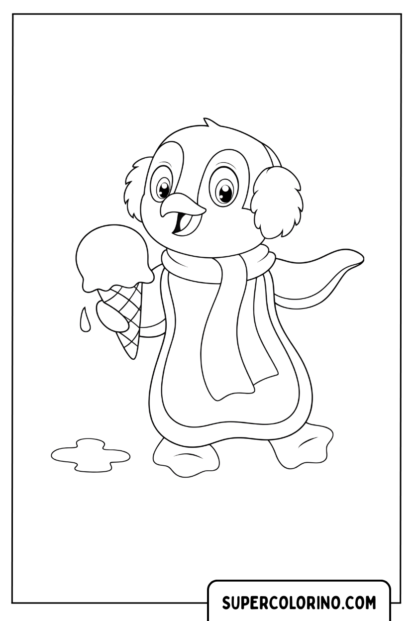 Coloriage d'un pingouin avec de la glace et des oreillettes