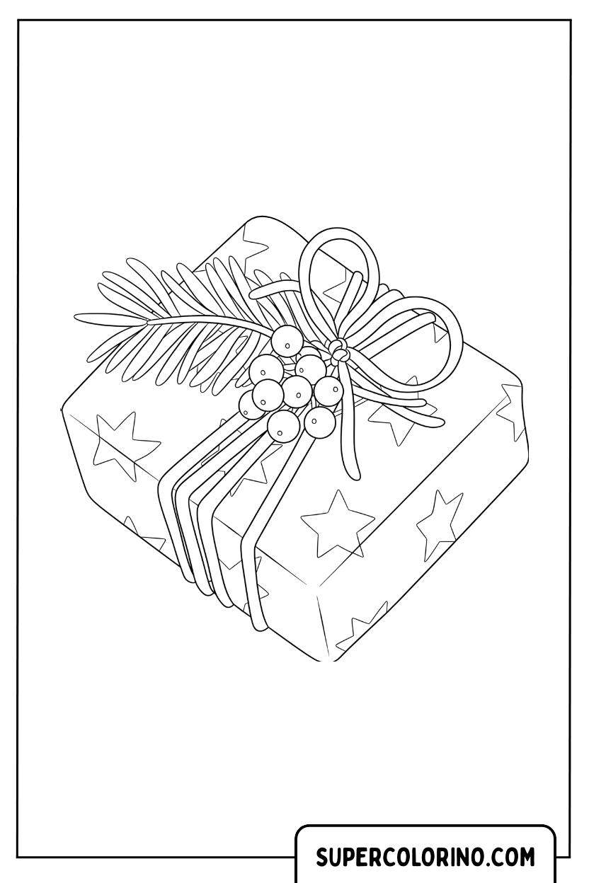 Malvorlage eines Geschenks mit einem dekorativen Tannenzweig