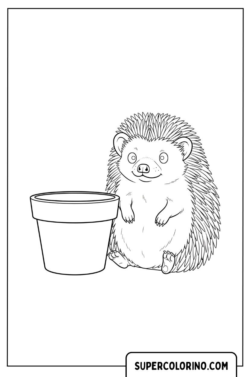 Coloriage d'un hérisson à côté d'un vase vide