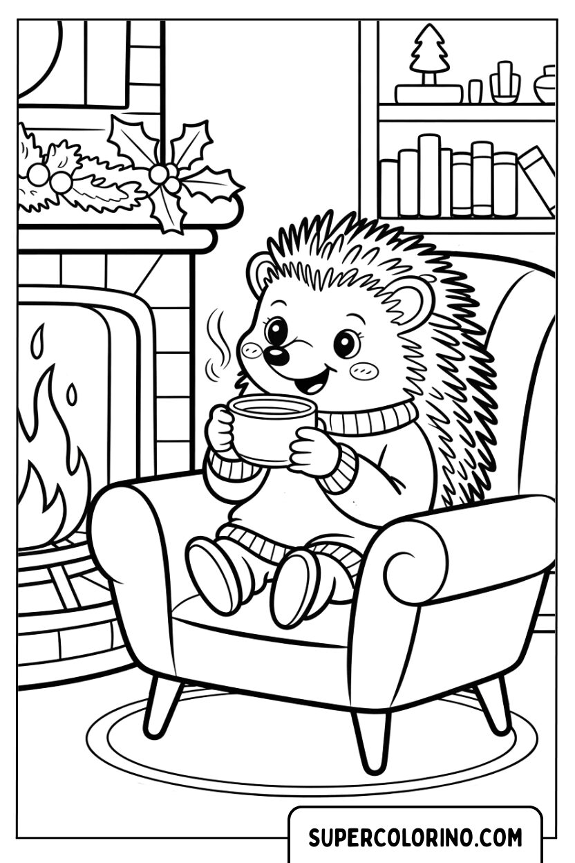 Coloriage d'un hérisson buvant une boisson chaude