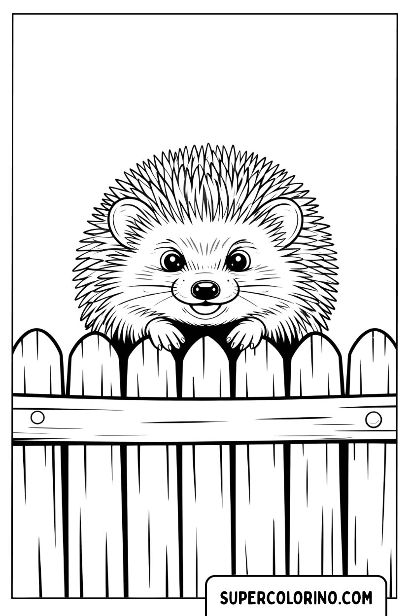 Coloriage d'un hérisson sortant d'une clôture