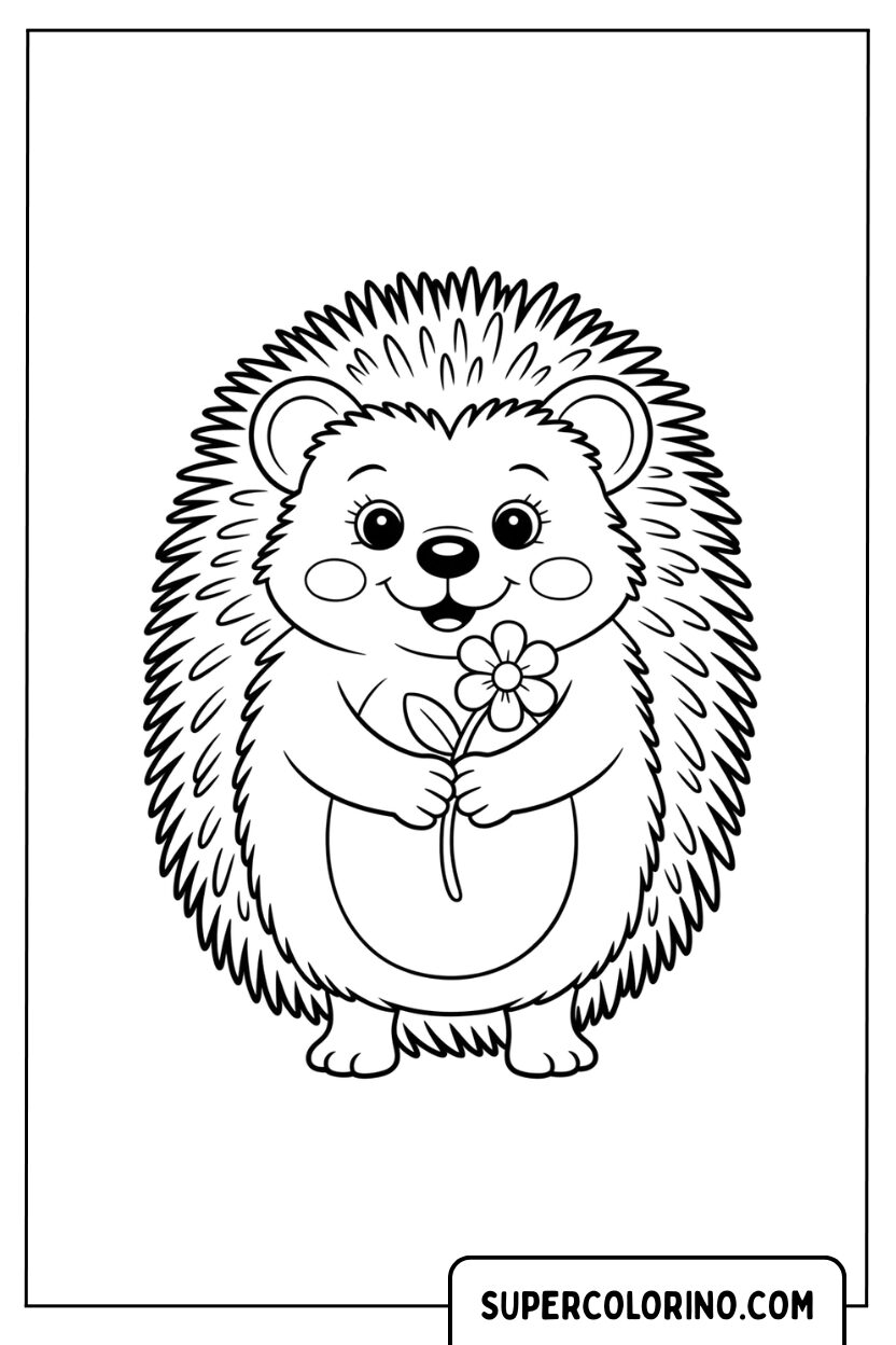 Coloriage d'un hérisson avec une fleur entre ses pattes