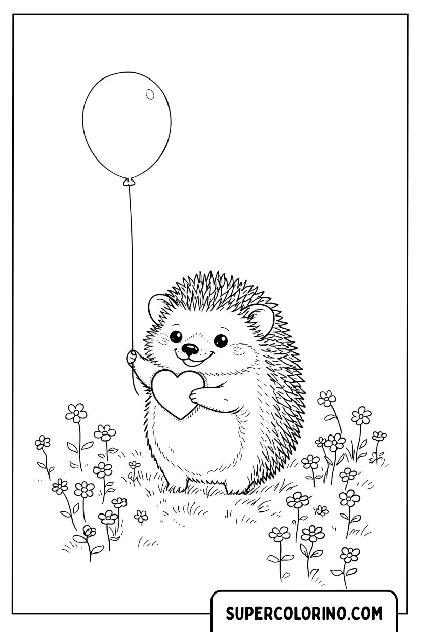 Coloriage d'un hérisson avec un ballon en forme de coeur