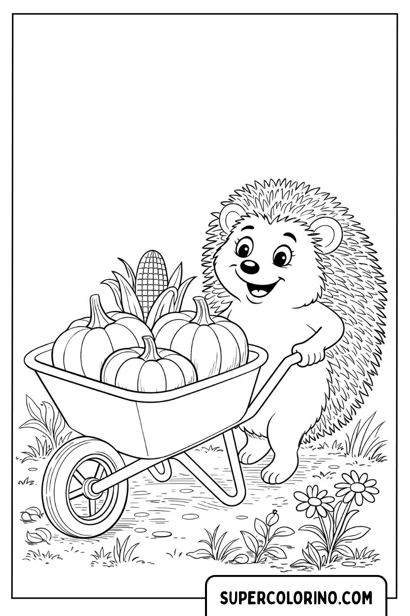 Coloriage d'un hérisson avec une brouette de citrouilles