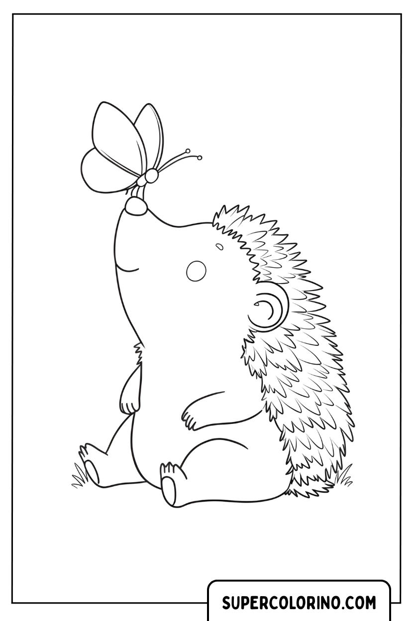 Coloriage d'un hérisson avec un papillon sur le nez