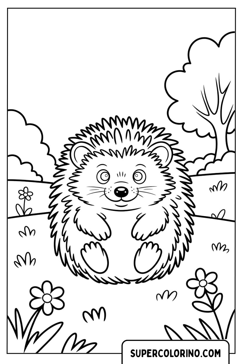 Coloriage d'un hérisson dans un pré fleuri