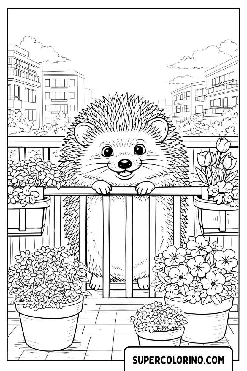 Coloriage d'un hérisson sur le balcon parmi les fleurs