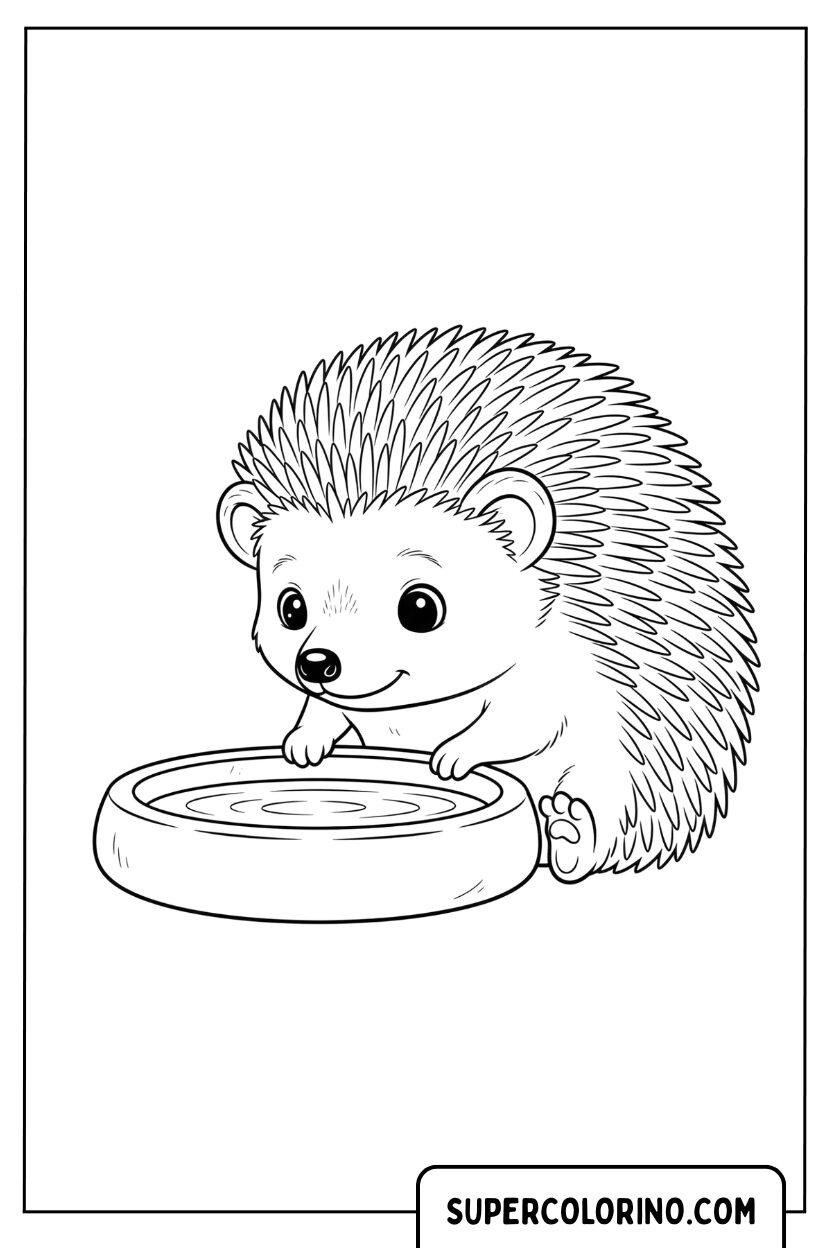 Coloriage d'un hérisson près d'un bol d'eau