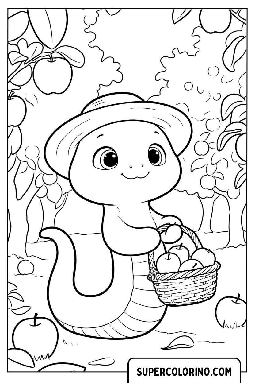 Disegno di un serpente contadino con cesto di mele da colorare