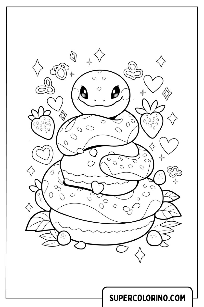 Disegno di un serpente goloso tra le ciambelle da colorare