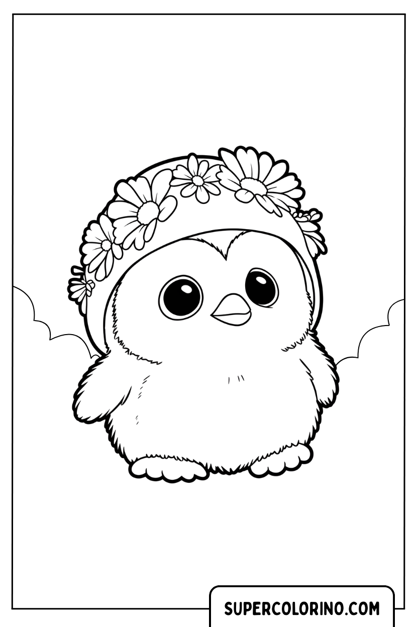 Coloriage d'un joli pingouin avec une couronne de fleurs