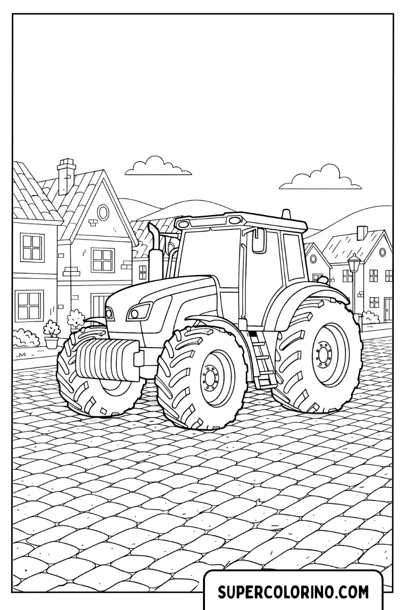 Malvorlage eines Traktors in einem Dorf auf dem Land