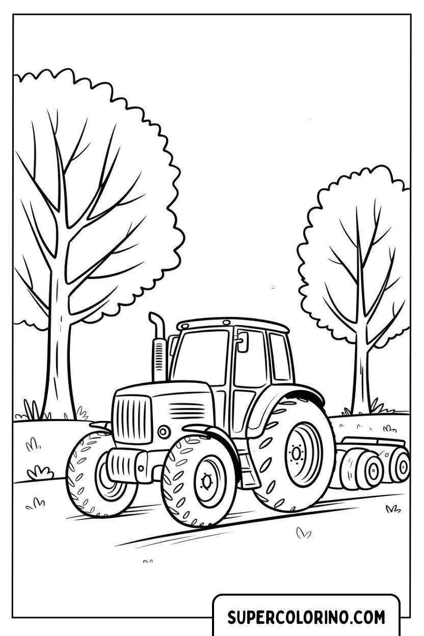 Malvorlage eines Traktors unter großen Bäumen
