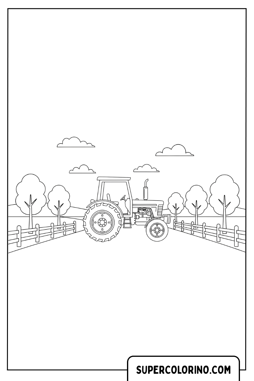 Malvorlage eines Traktors auf einer von Bäumen gesäumten Allee