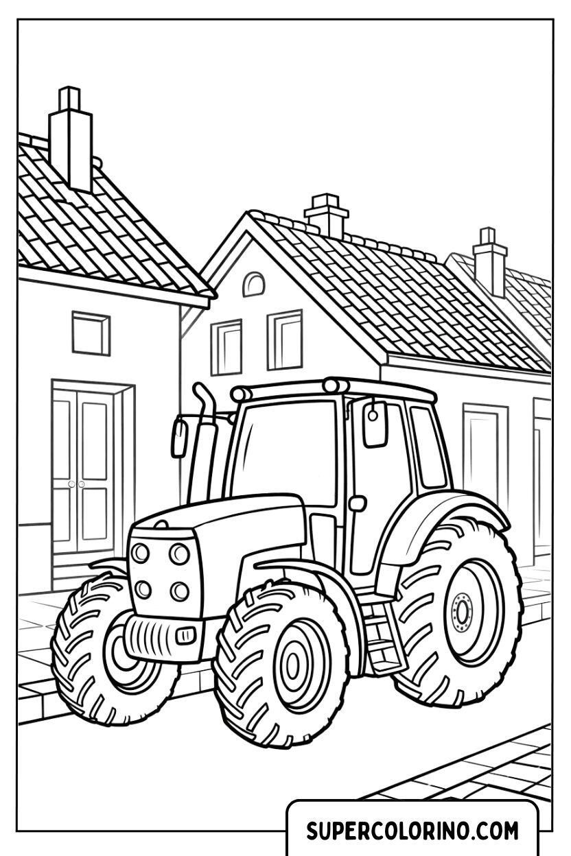 Malvorlage eines Traktors zwischen den Häusern des Dorfes