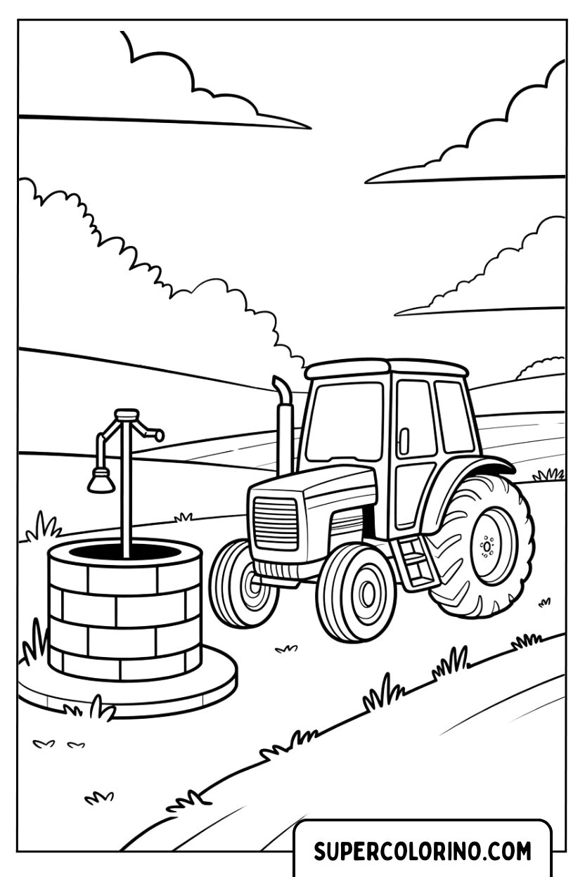 Malvorlage eines Traktors in der Nähe eines alten Brunnens