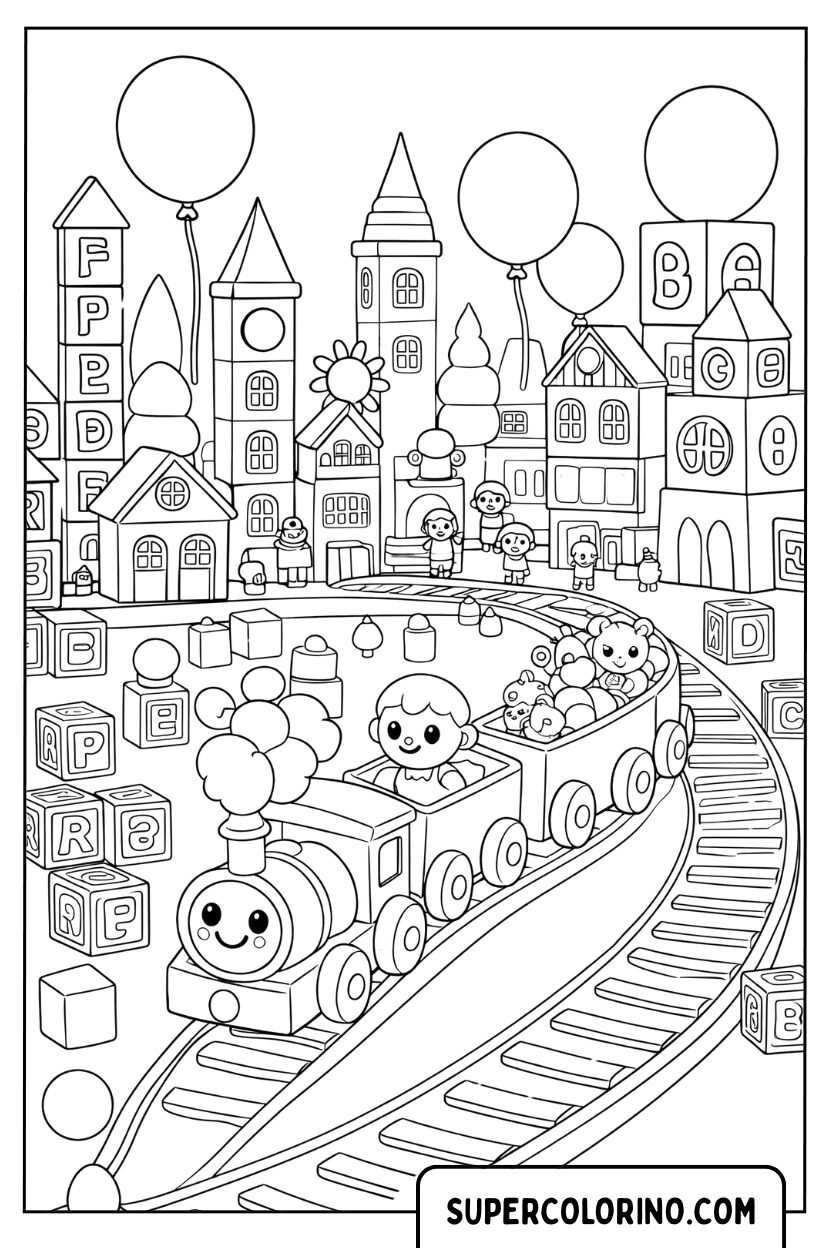 Coloriage d'un train jouet dans le monde des jouets