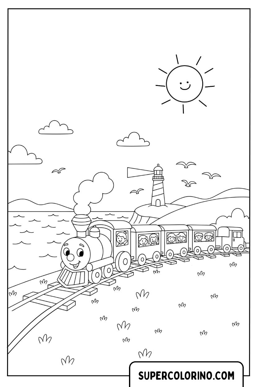 Coloriage d'un train côtier près du phare