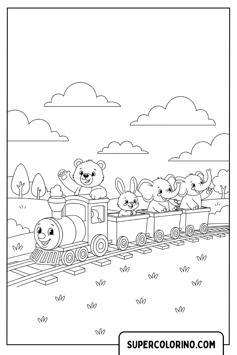 Coloriage d'un train d'animaux dans le pré