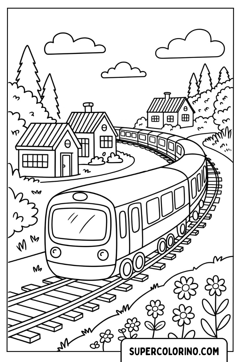 Coloriage d'un train moderne traversant le village