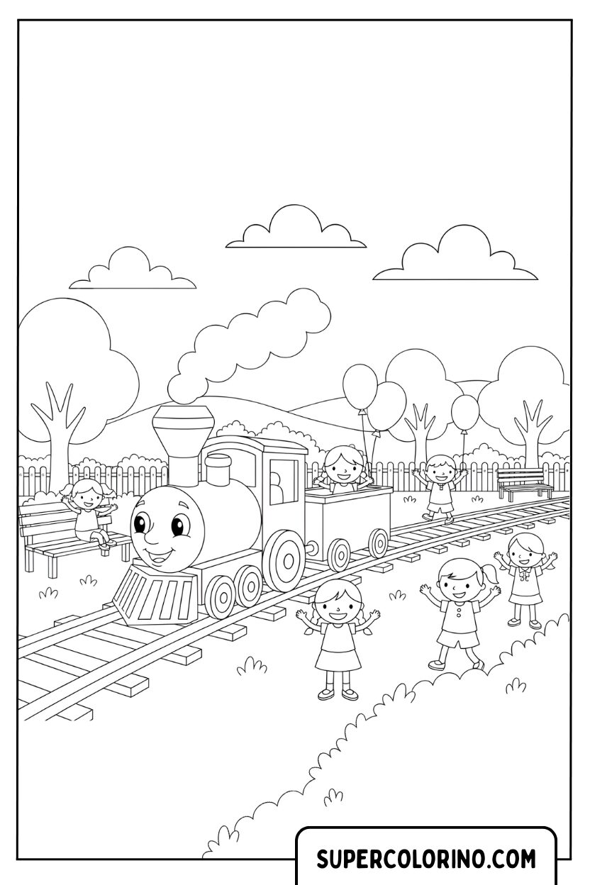 Coloriage d'un train dans le parc avec des enfants