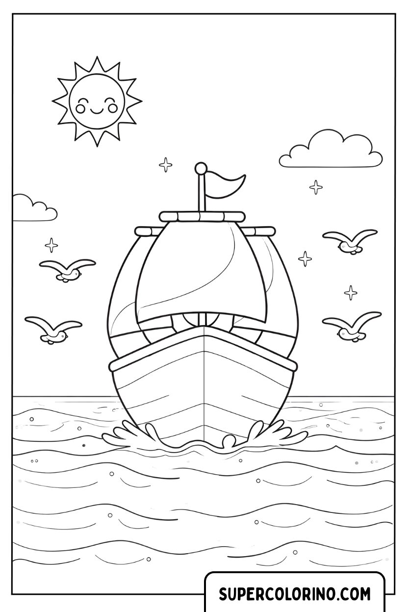 Disegno di un veliero tra i gabbiani da colorare