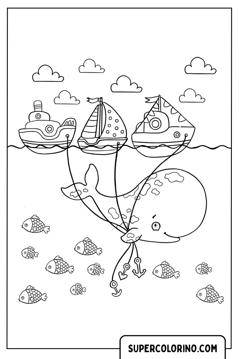 Malvorlage eines Wals, der Boote trägt
