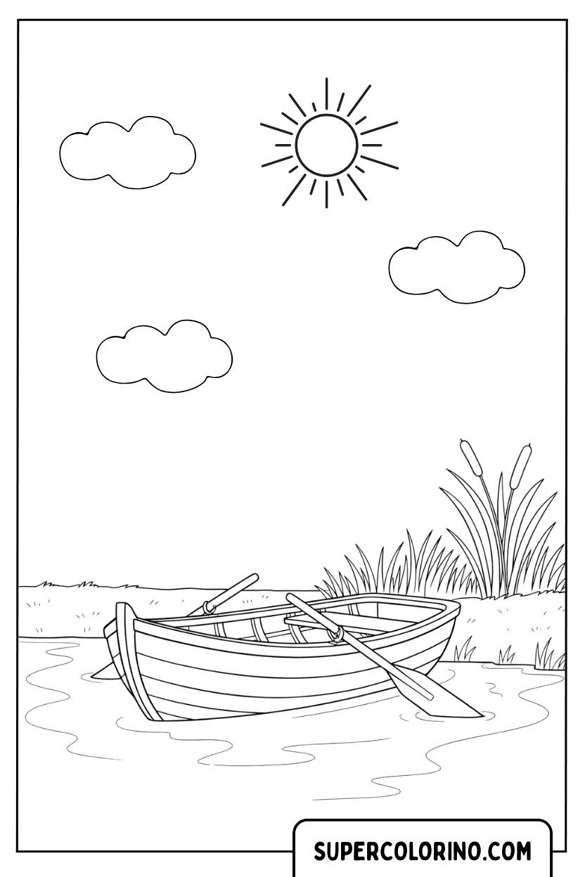 Disegno di una barca a remi in un paesaggio sereno da colorare