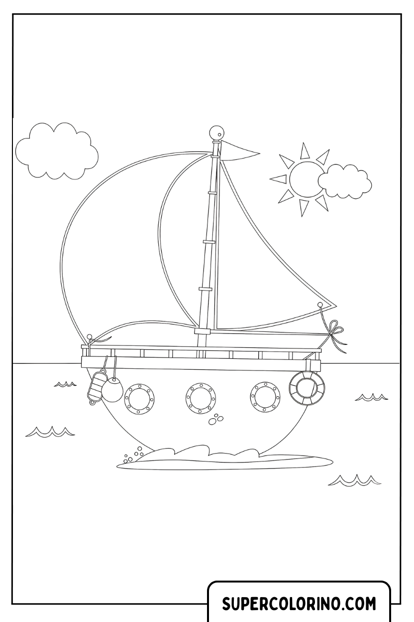 Disegno di una barca a vela con salvagenti da colorare