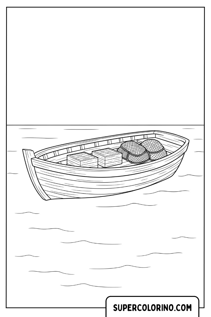 Disegno di una barca da pesca con carico da colorare
