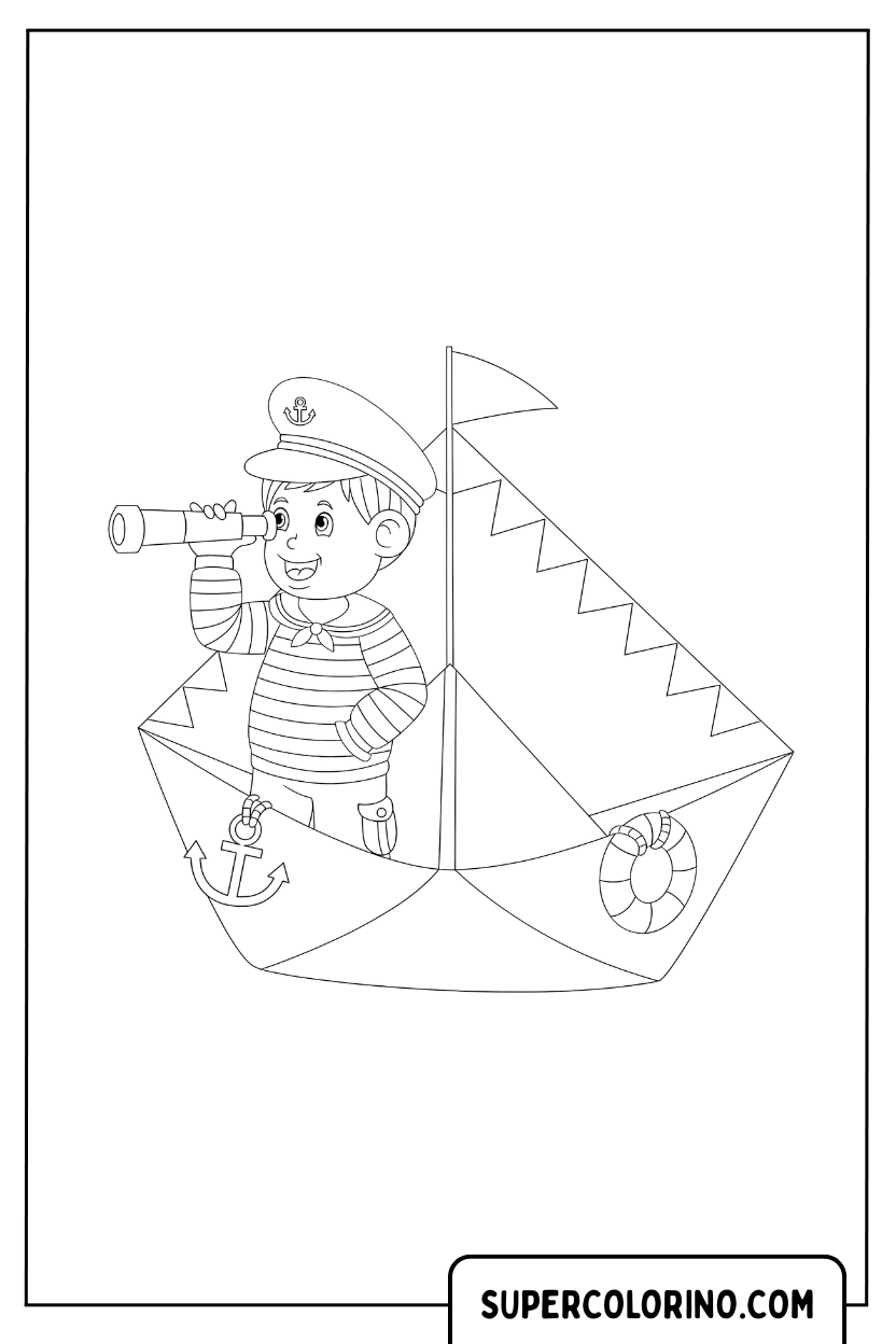 Disegno di una barca di carta con un piccolo marinaio da colorare