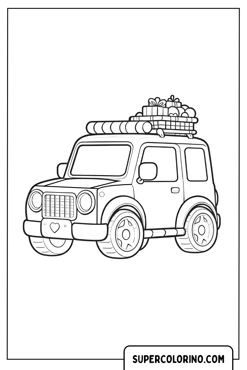 Malvorlage eines mit Geschenken beladenen Jeeps