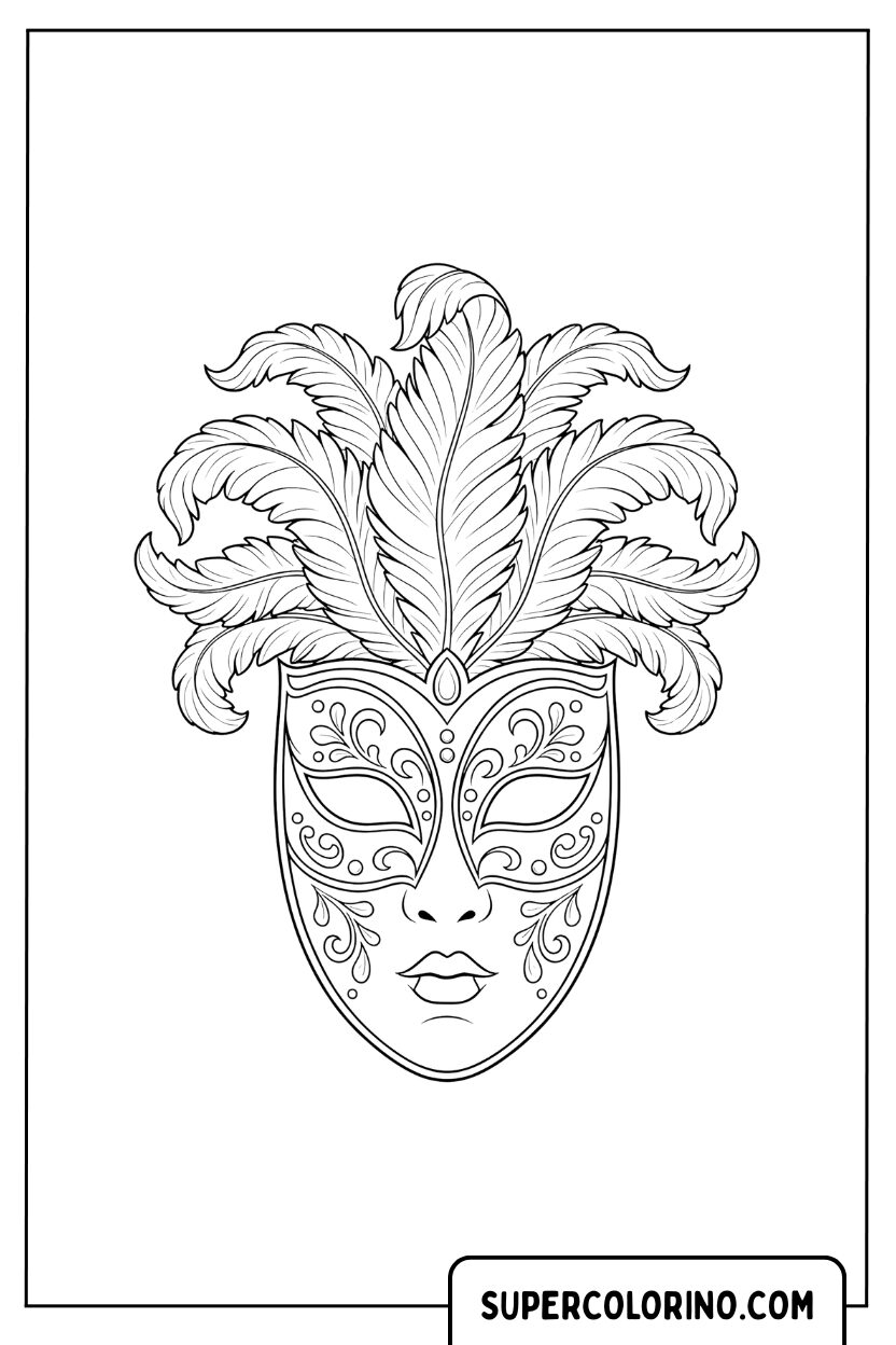 Malvorlage einer klassischen Maske mit majestätischen Federn