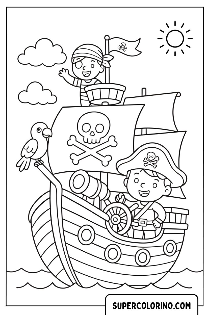 Disegno di una nave pirata con piccoli pirati da colorare