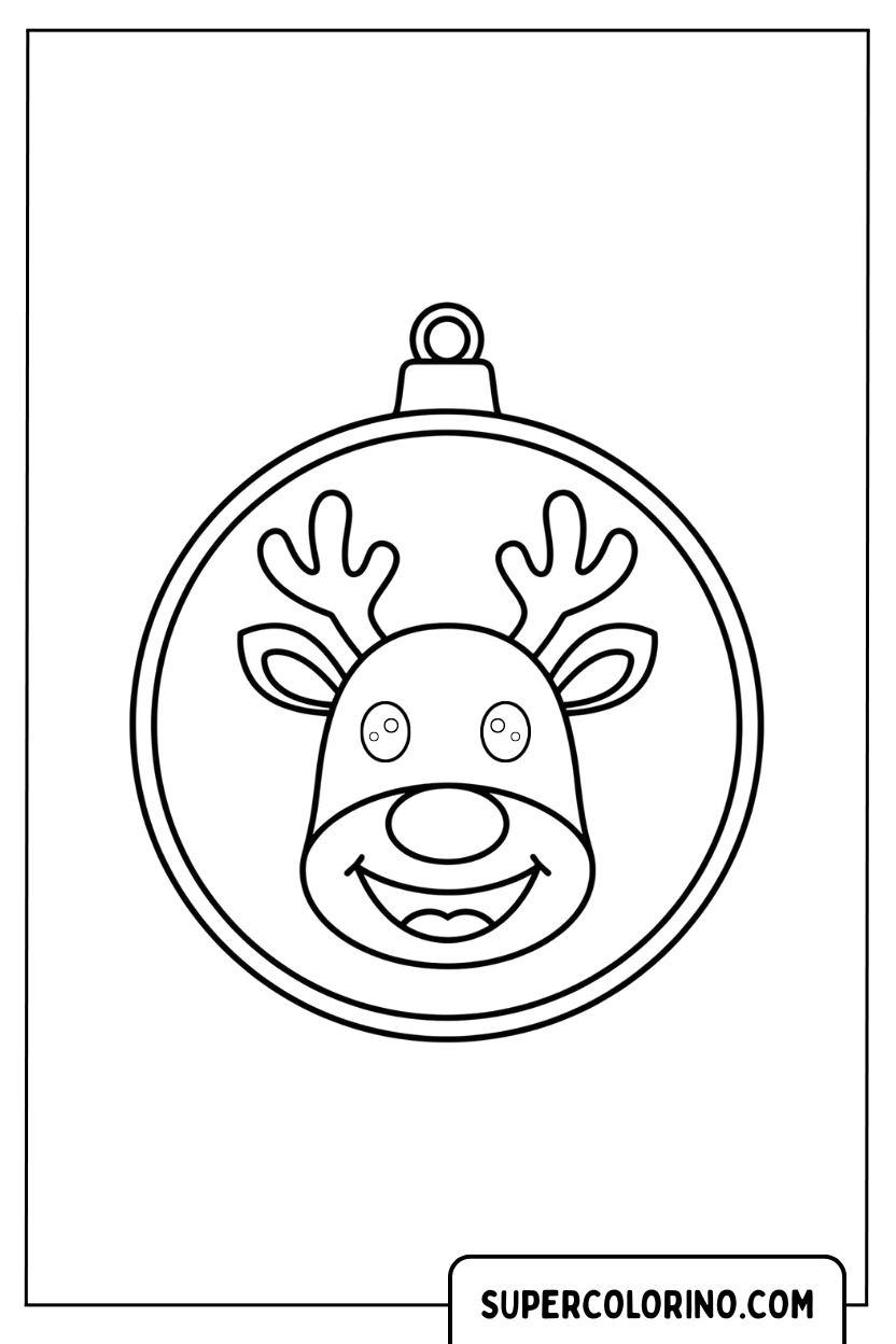 Coloriage d'une boule de Noël avec un renne souriant
