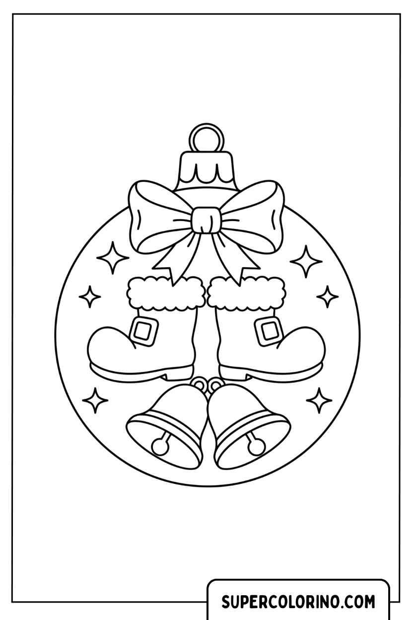 Coloriage d'une boule de Noël avec des bottes et des cloches