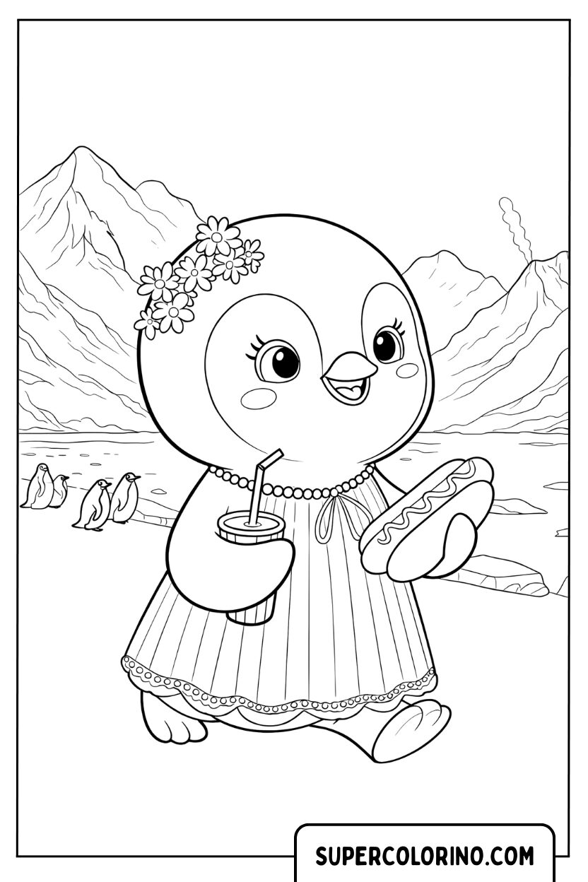 Coloriage d'un pingouin touristique dans les montagnes