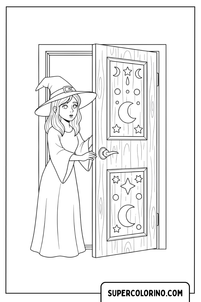 Disegno di una strega che apre una porta magica da colorare