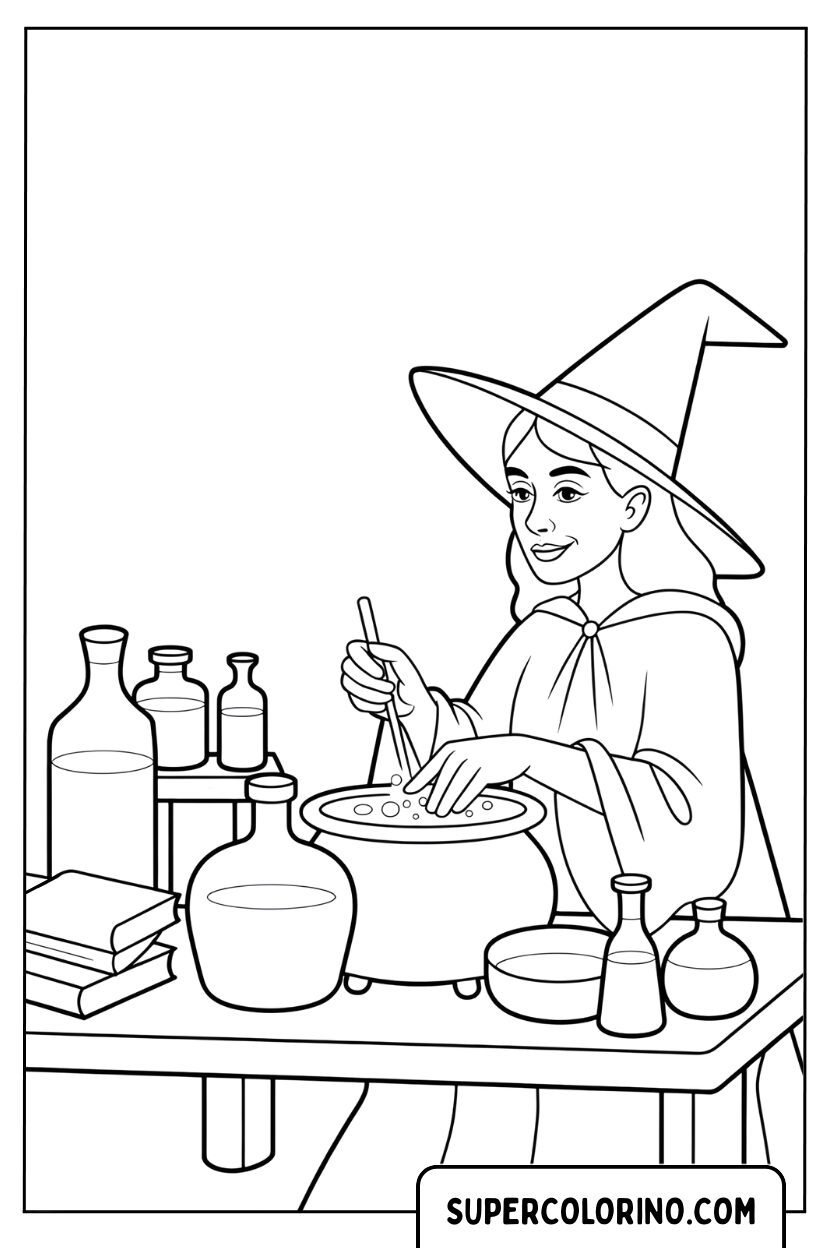 Disegno di una strega che prepara una pozione da colorare