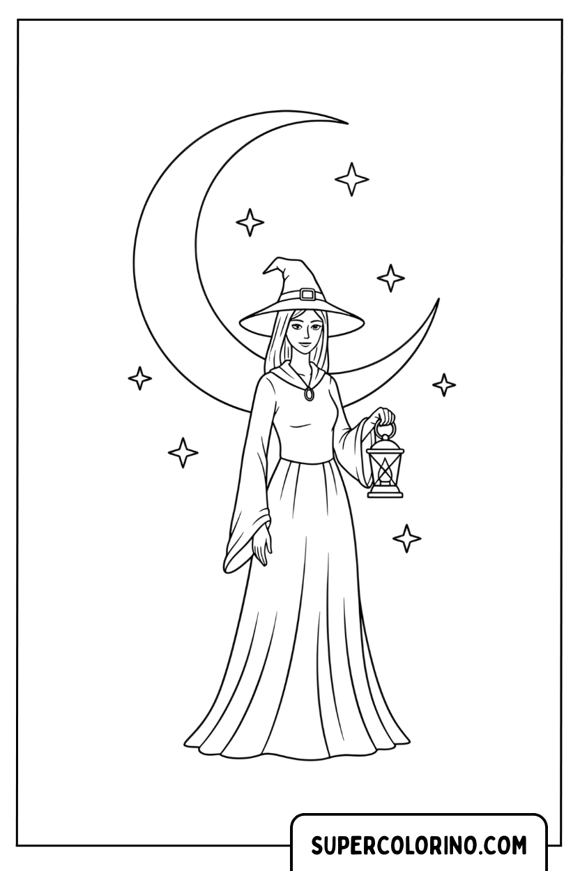 Disegno di una strega elegante davanti alla luna da colorare
