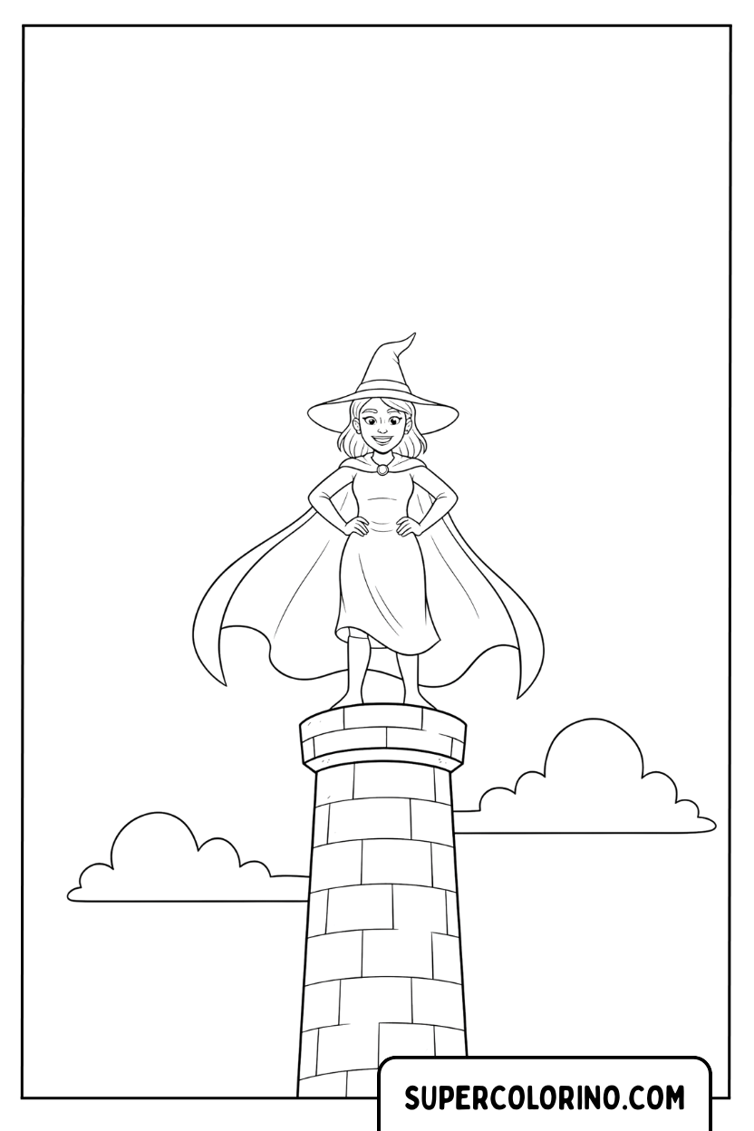 Disegno di una strega guerriera su una torre da colorare