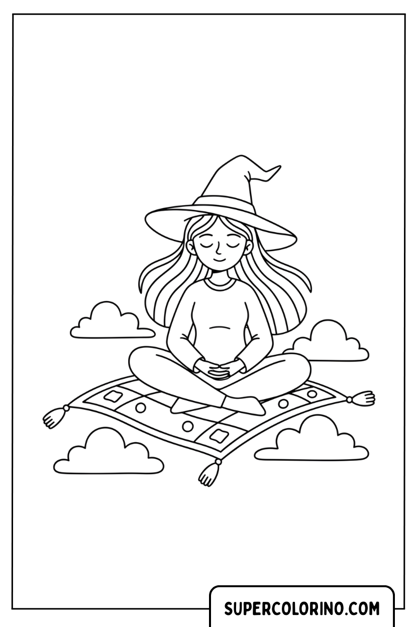 Disegno di una strega in meditazione sul tappeto volante da colorare
