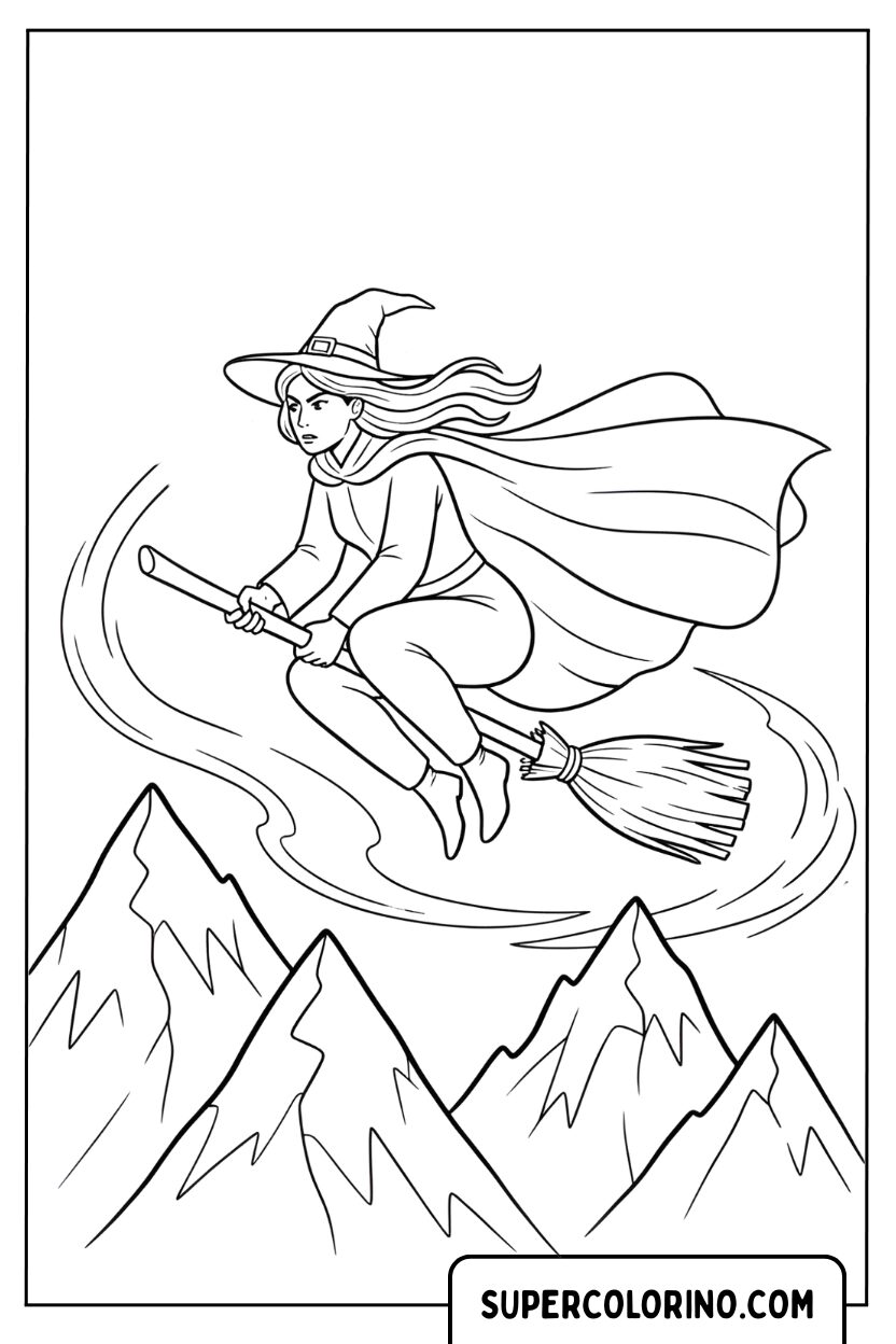 Disegno di una strega in volo sopra le montagne da colorare